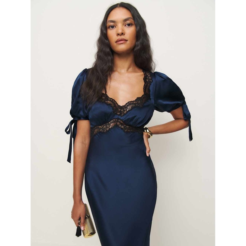 NWT Reformation x Kacey Musgraves Stella Silk Dress in Navy $348 - Size 2 - Picture 4 of 16